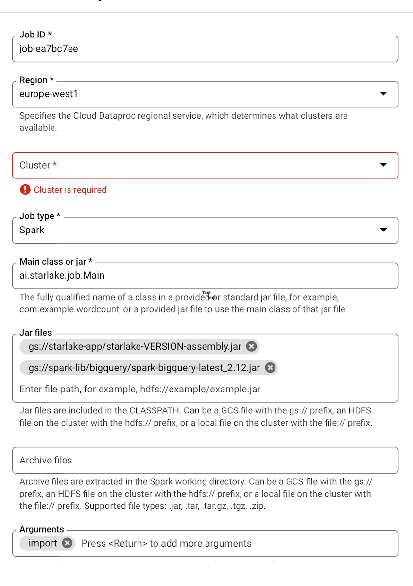 Create Dataproc job